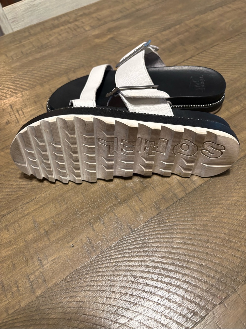 Sorel Black & White Buckle Slide Sandals with Treaded Sole - Picture 2 of 3